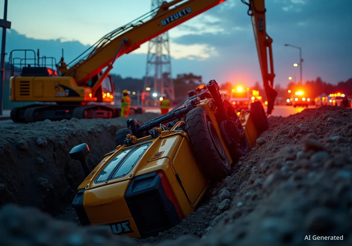 Baumaschine kippt bei Hauptbahnhof Salzburg in Baugrube
