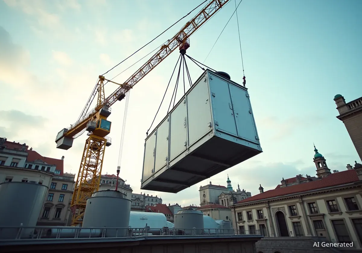 Kältemaschine per Kran über Festspielhaus gehoben
